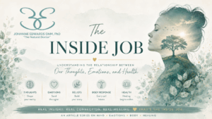 The Inside Job article series header showing Johanne Edwards’ teal logo, a calm woman’s silhouette with a tree and sunrise inside, and the message understanding the relationship between thoughts, emotions, and health.