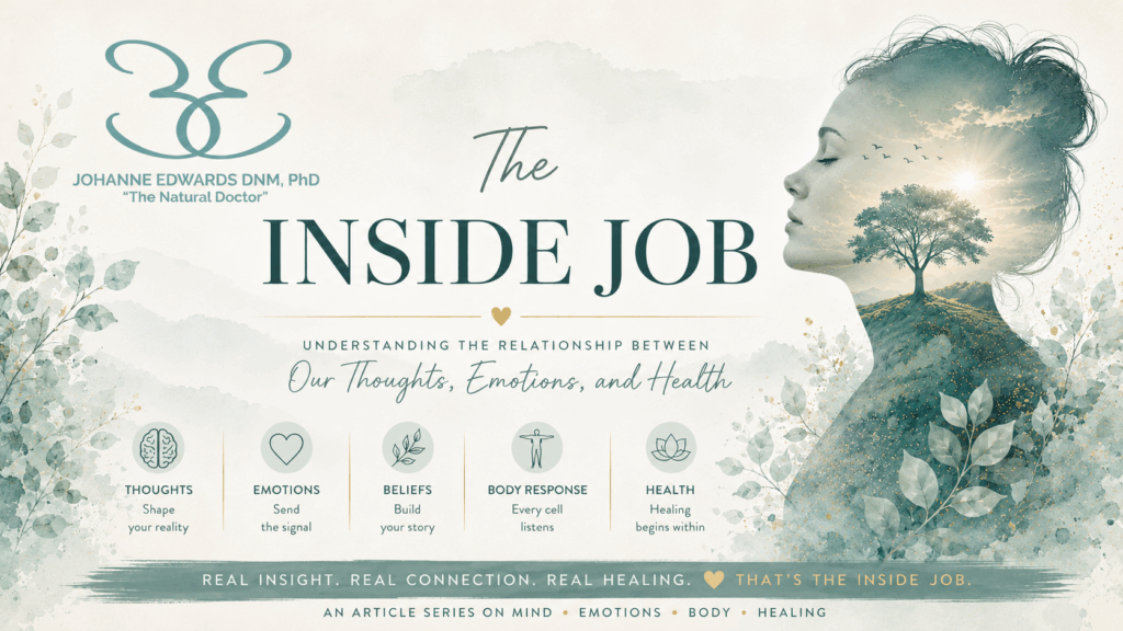 The Inside Job article series header showing Johanne Edwards’ teal logo, a calm woman’s silhouette with a tree and sunrise inside, and the message understanding the relationship between thoughts, emotions, and health.